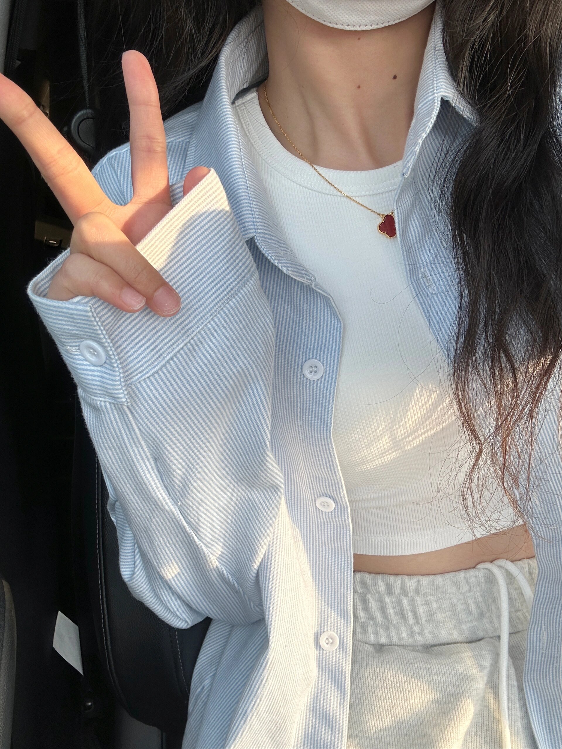 細條紋夏季藍色襯衫長袖2025設計感小眾寬鬆百搭襯衣打底上衣女