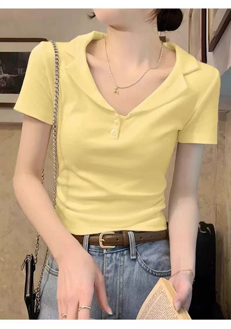 1*1 210g 40 pure cotton front shoulder v-neck short-sleeved T-shirt women's summer lapel slim short top