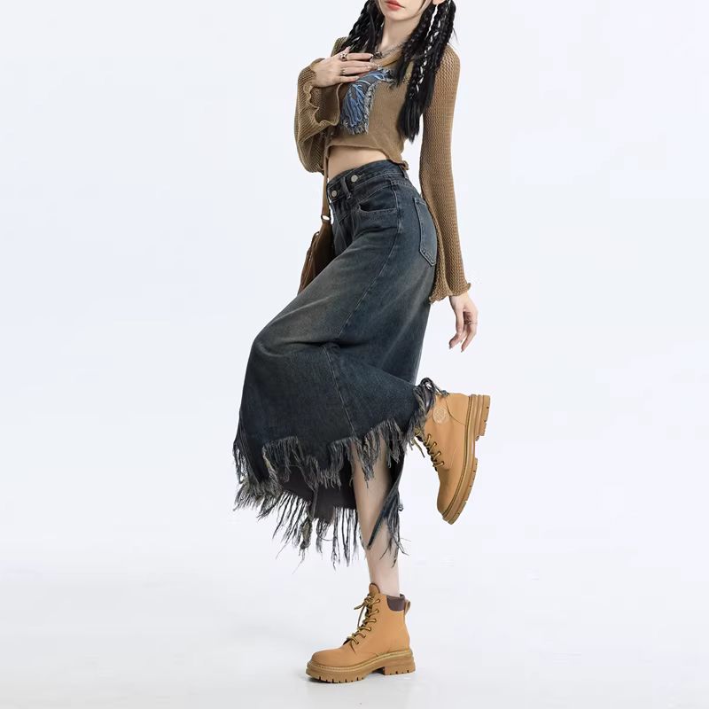 Retro Cowboy Half-Body Skirt for Women - Spring and Summer High-Waist A-Line Skirt with Design Elements, Irregular Fringe and Tassel Hem, Medium-Length Dress