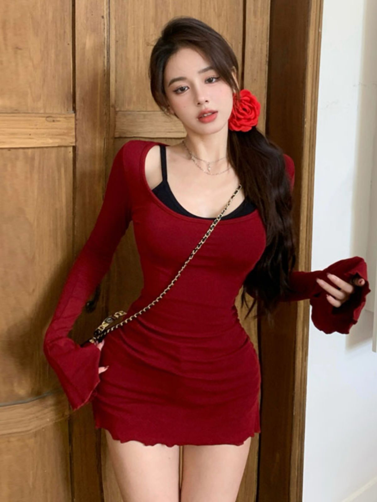 紅色高級感修身薄款長袖T恤女秋季2025新款內搭打底顯瘦辣妹裙子