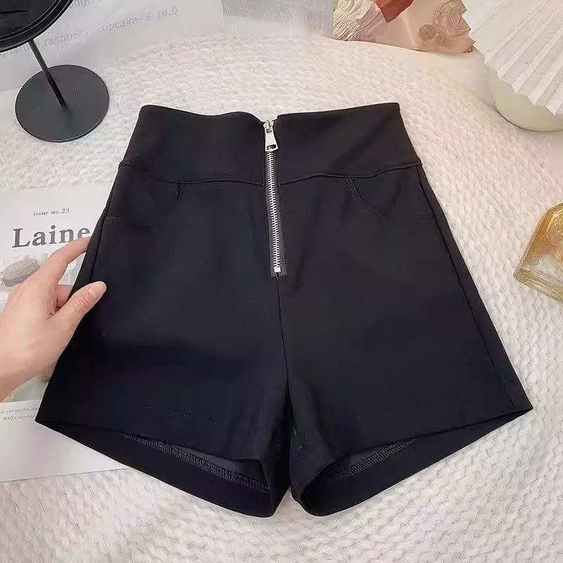 黑色高腰短褲女緊身包臀性感顯瘦前拉鏈超短提臀跳舞蹈熱褲