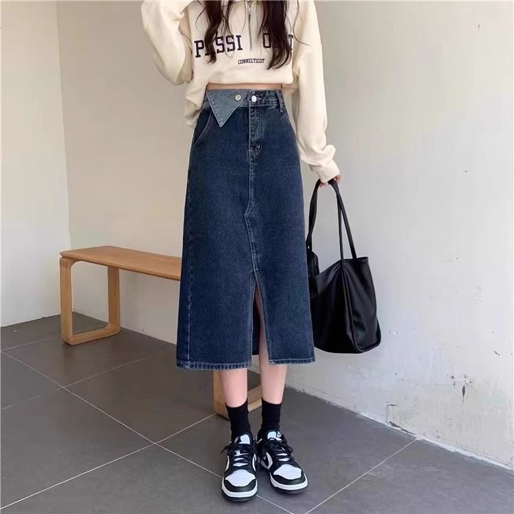 外貿春季黑色開叉牛仔半身裙女新款大碼高腰中長款A字包臀裙裙子