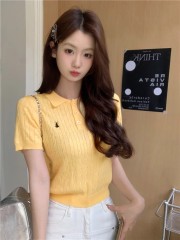 天貓質量學院風polo領刺繡短袖T恤針織衫女修身短款甜辣上衣