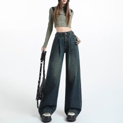 Retro straight jeans for women in spring 2025 new design high waist loose slimming wide-leg floor pants