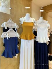 FTONG◆"Playful and cute" summer ruffled skirt with slim straps knitted top for women