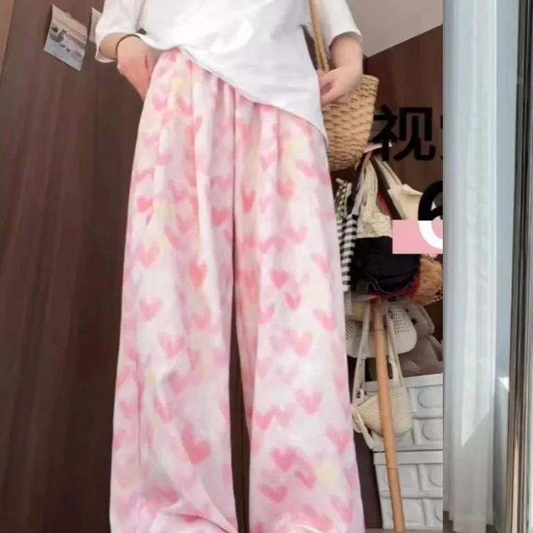 粉色愛心冰絲山本褲女夏季薄款2025新款休閒小個子高腰垂感闊腿褲