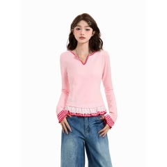 原版做工粉色長袖T恤女新款假兩件蕾絲拼接春氣質穿搭V領上衣