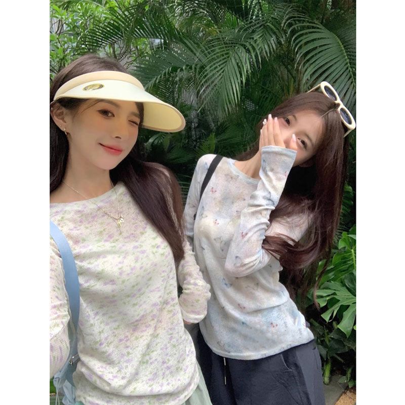 Thin sunscreen floral long-sleeved T-shirt for women in summer 2025 new lazy style slim and niche round neck top