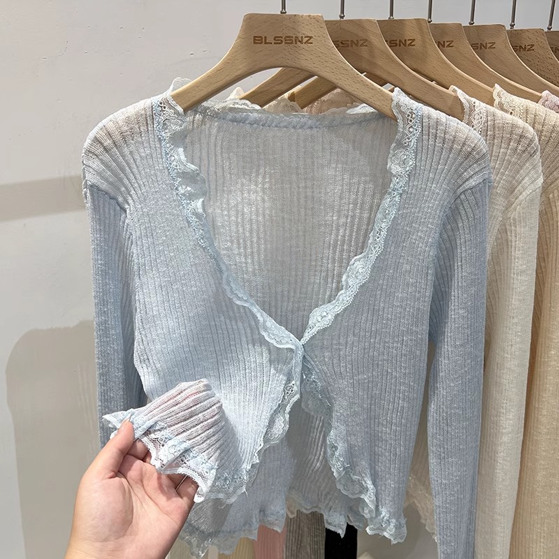 V-neck black earrings ice silk knitted sunscreen cardigan for women for summer thin style with skirt top shawl air conditioning shirt