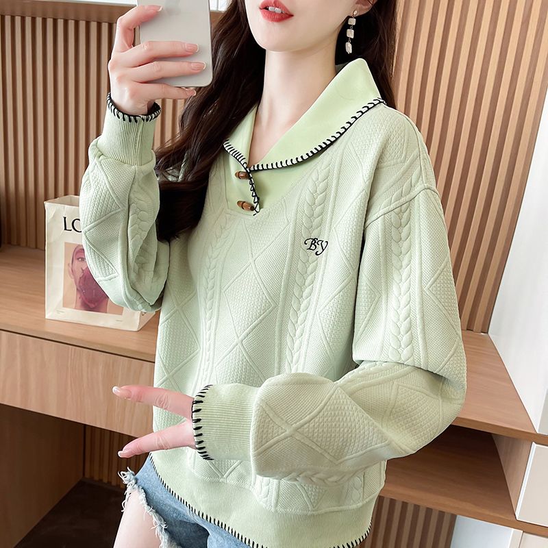 First release real-time sweatshirt for women early spring new polo collar loose large size small design and meat-covering top for women