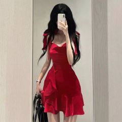 New lotus leaf temperament hot girl red suspender dress small summer pure desire style waist-hugging short skirt women