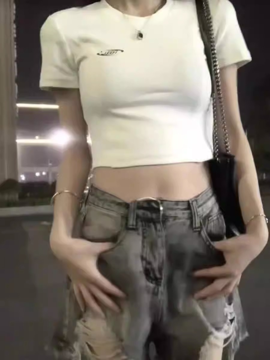 雙邊條+印花40支92棉8氨綸210克後包領小眾設計感辣妹短款T恤