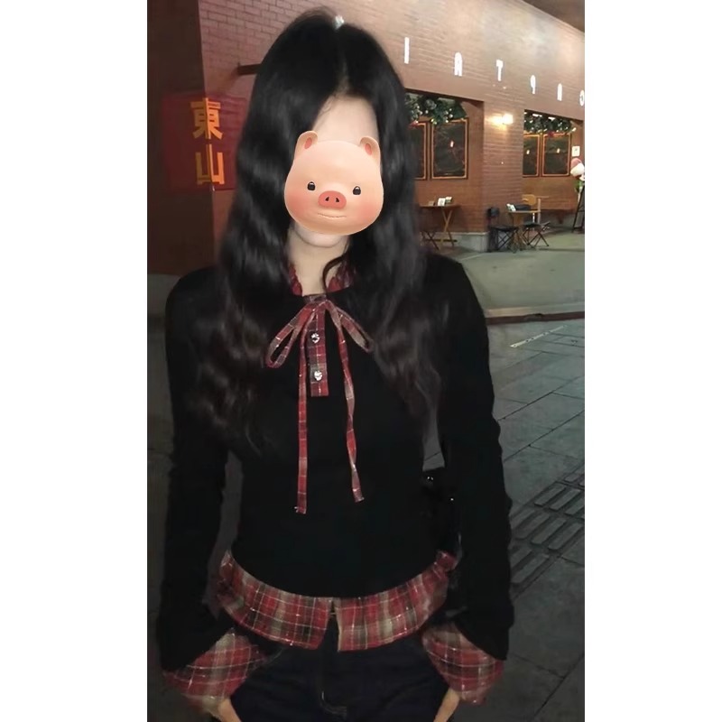 原版做工假兩件撞色格子拼接上衣女春修身設計感系帶內搭上衣