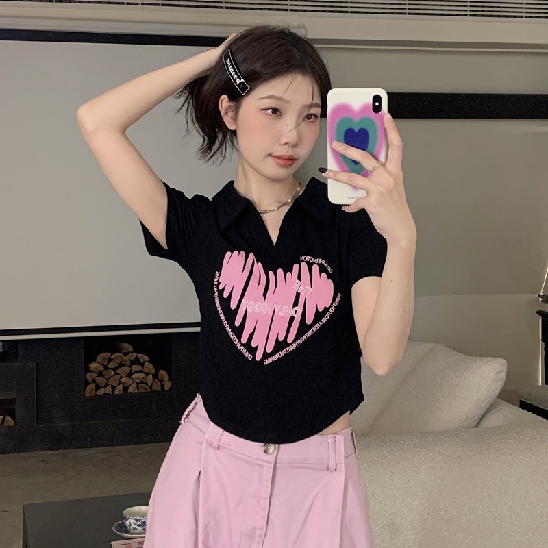 Printed 40 pieces 210g 92 cotton 8 spandex quality POLO irregular hot girl short T-shirt for women