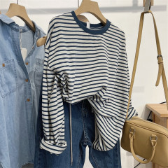 Striped Control bi into～ Retro Blue Contrast Fine Striped Loose Slimming Round Neck Long Sleeve T-Shirt for Women Spring Style