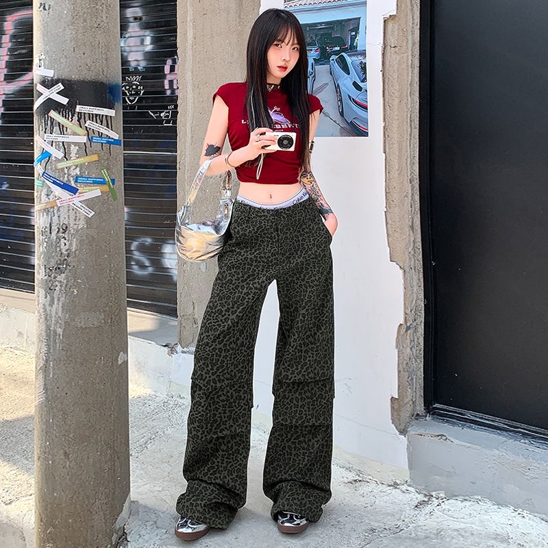 2025夏季新款美式歐美風高街豹紋牛仔褲小眾直筒闊腿抽繩束腳