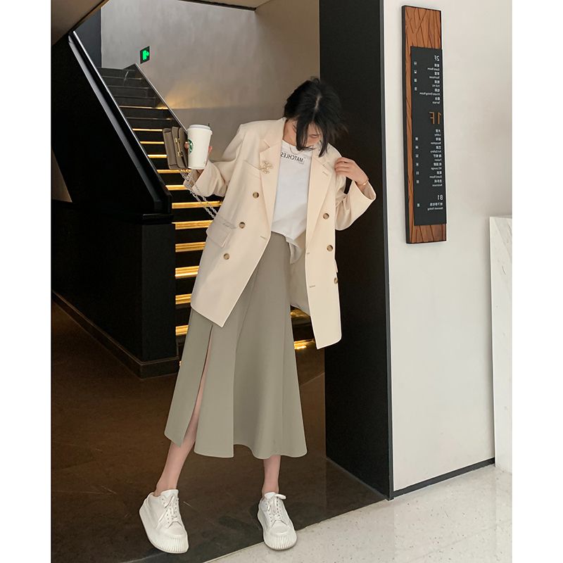 復古簡約高腰垂感西裝裙女2025春夏女裝寬鬆氣質小個子綠色半身裙