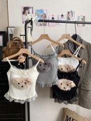 Plush puppy spliced ​​lace suspender vest autumn and winter new sweet and cute beautiful back slim slim short top