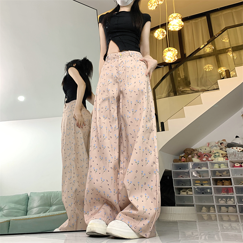 Real-life retro floral high-waist casual pants for women new niche design loose and slim wide-leg straight trousers