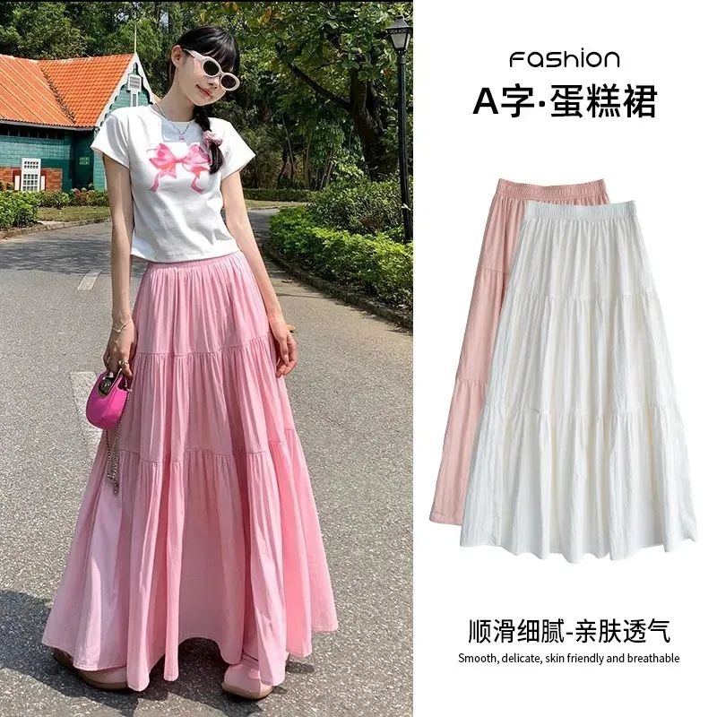 Puffy cake style dress with gentle half-length skirt, summer high-waisted thin model, slimming, suitable for petite figures, mid-length college style