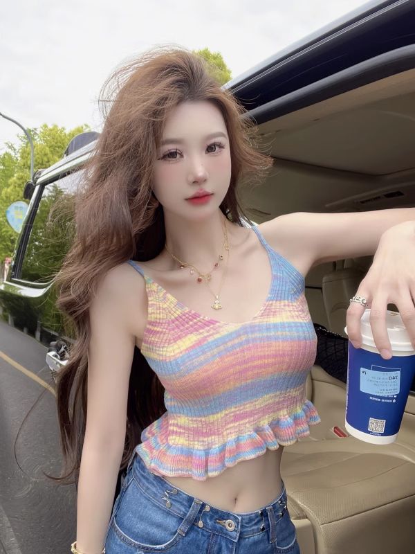 漸變彩色v領條紋泰式吊帶背心女夏季外穿純欲甜辣妹性感抹胸上衣