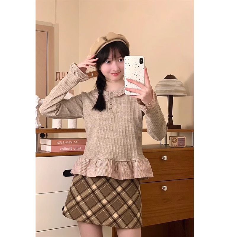 2025 new casual Korean version button plaid doll collar long-sleeved T-shirt for women's black ears spliced ​​fake two-piece top