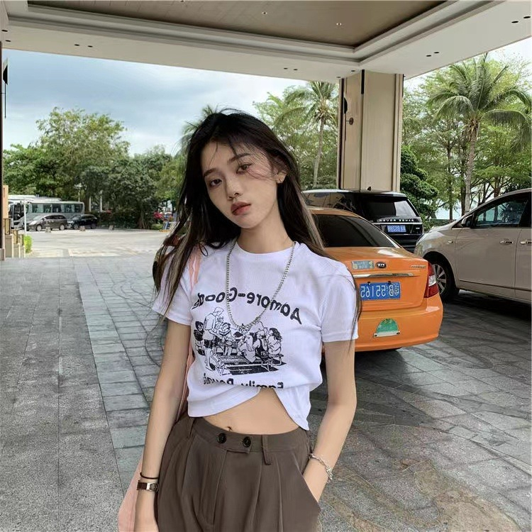 韓國外貿復古字母印花修身短款露臍上衣顯瘦百搭短袖T恤女ins潮