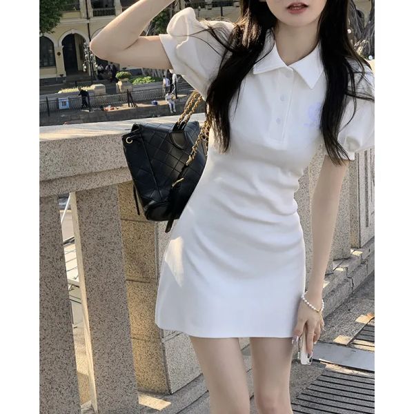 2025泡泡袖連衣裙女夏甜酷學院風辣妹polo領收腰顯瘦初戀包臀短裙