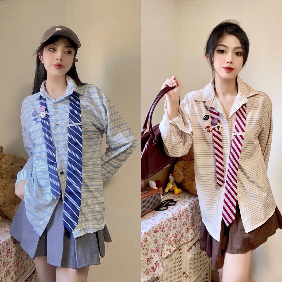 With tie and 3 brooches Fashionable women's autumn retro striped long sleeve tie shirt top college style