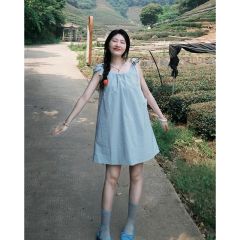 法式甜美小清新藍色無袖背帶連衣裙女2025新款夏季系帶直筒短裙子