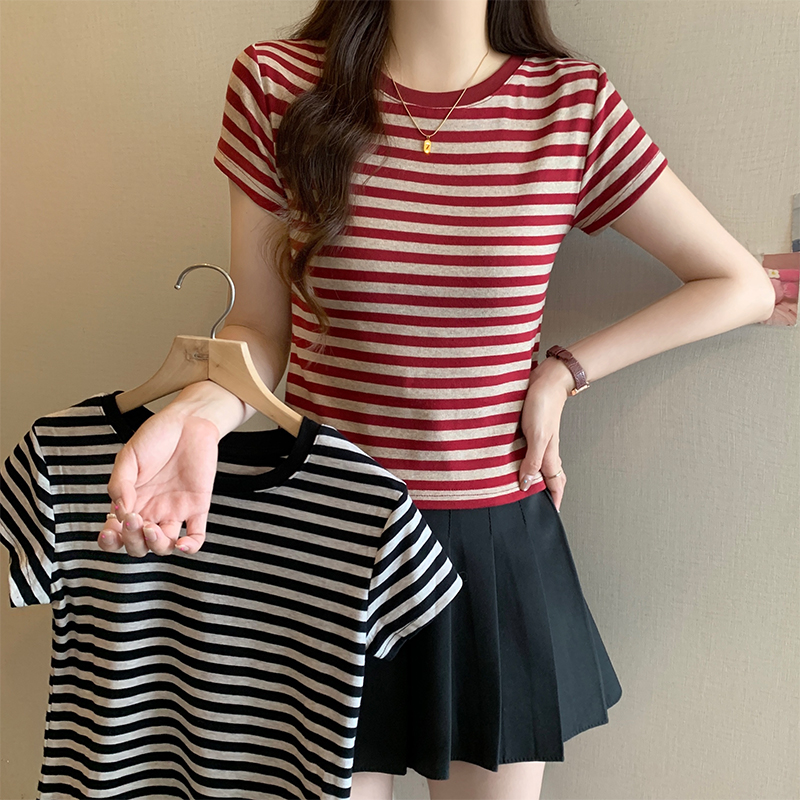 Real shot of 70 cotton 10 people cotton 15 polyester 5 spandex back collar summer striped slim short-sleeved T-shirt for women