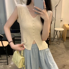 Ice silk knitted short-sleeved cardigan T-shirt for women in summer new 2025 thin design v-neck niche simple top