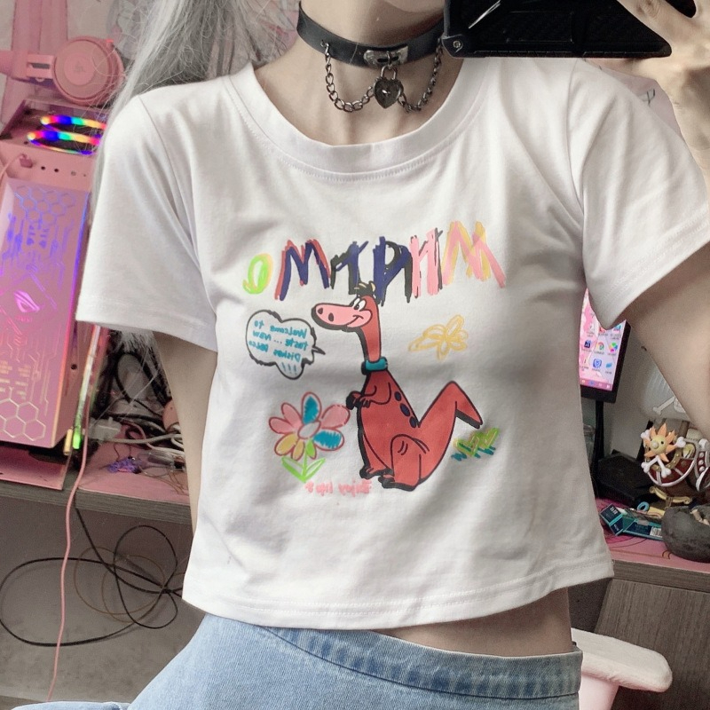 韓國外貿短款上衣女夏季新款ins潮鬼馬系趣味韓版修身露臍短袖t恤