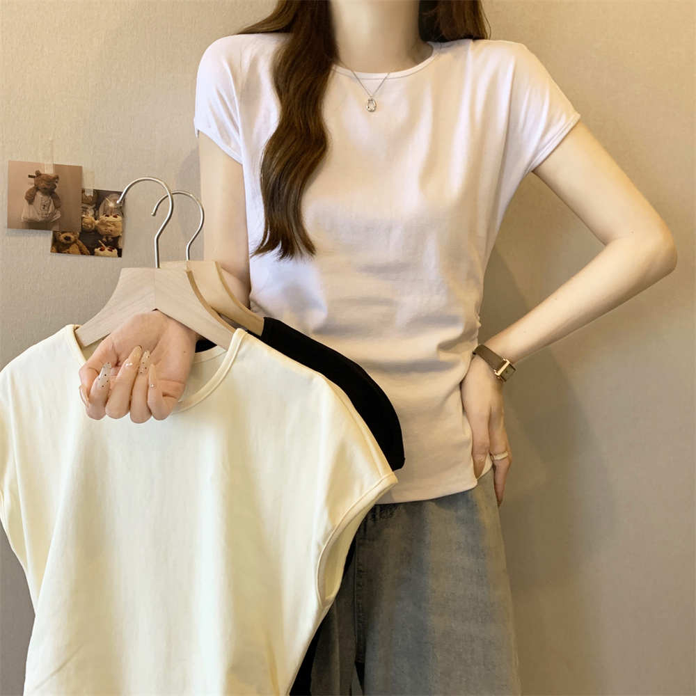 實拍 夏季韓版純色打底衫女新款設計側邊褶皺純棉短袖T恤上衣