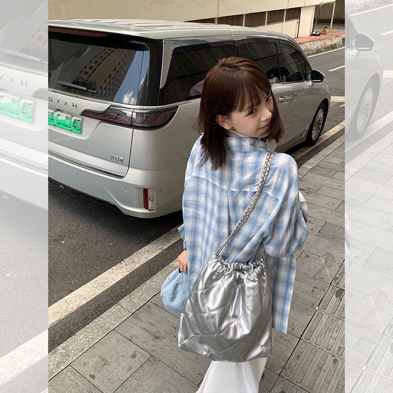 早秋款藍色格子襯衫百搭外套女2025新款慵懶風清新防曬襯衣上衣潮