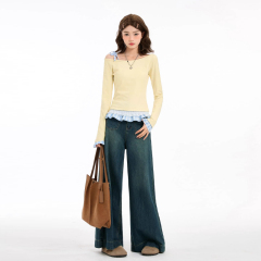 原版做工黃色長袖T恤女春季款斜肩假兩件辣妹修身一字肩上衣