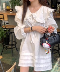 甜美套頭荷葉領系帶寬鬆連衣裙