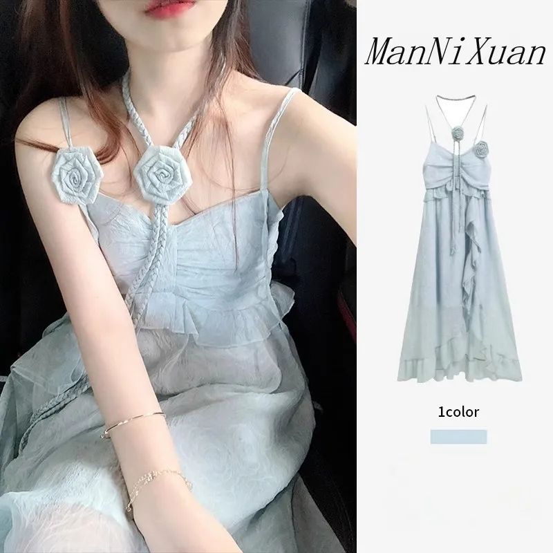 ssruan海邊度假連衣裙女今年流行漂亮裙子法式氣質綠色仙女吊帶裙