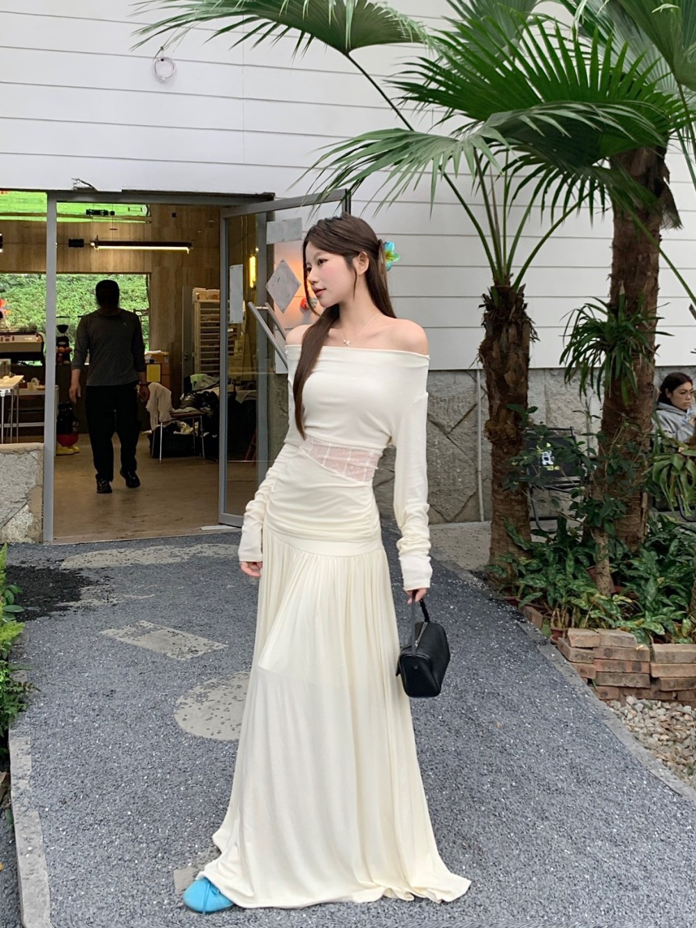 Real shot French temperament casual suit spring one-length lace spliced ​​top + high waist pleated skirt