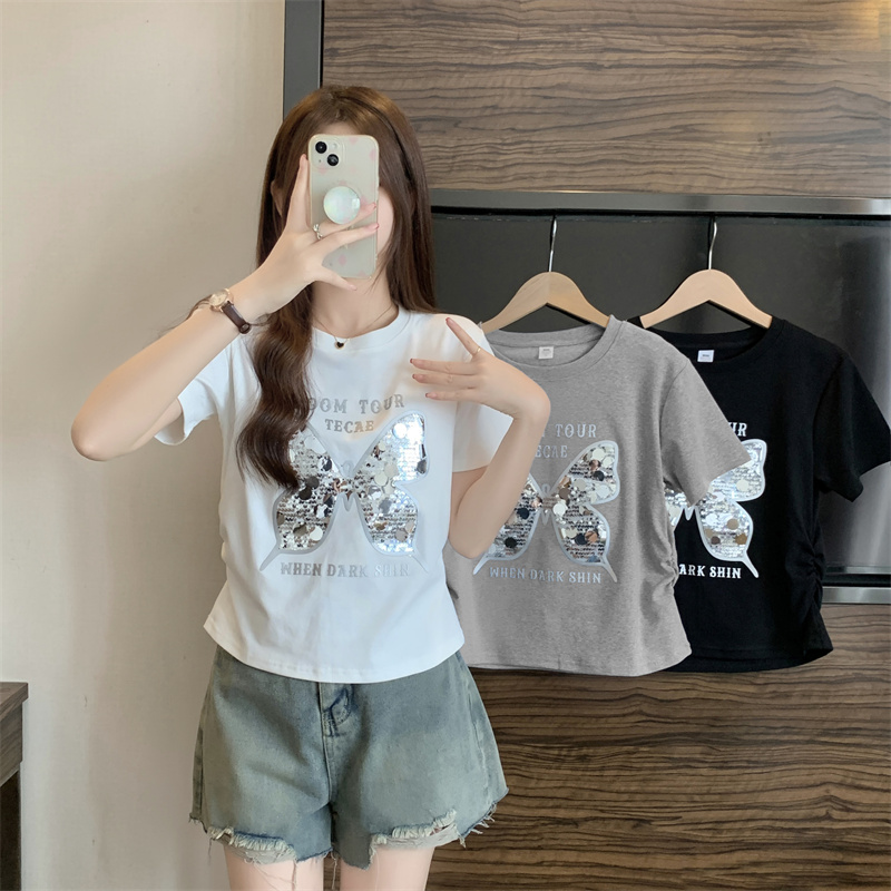 實拍首發40支仿棉1*1夏季新款重工刺繡珠片設計圓領短袖T恤女潮