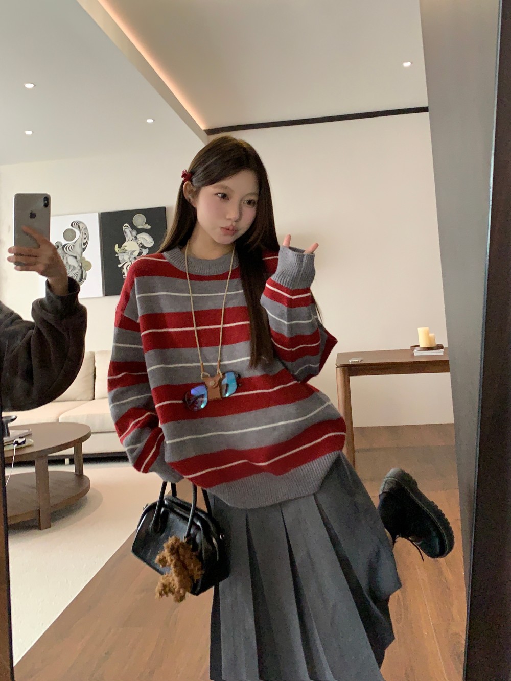 Real shot American retro contrasting color high-end striped hair casual versatile base sweater top for women