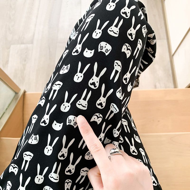 高腰垂感闊腿拖地褲子女春秋新款小兔印花顯瘦休閒直筒褲