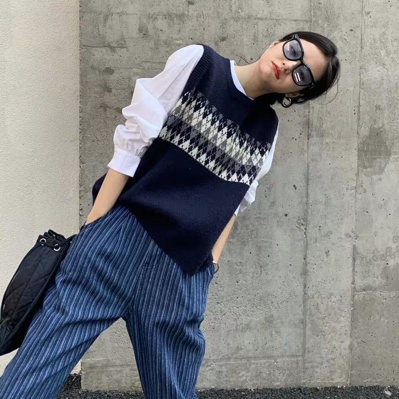 羽跡EAL秋裝新款寬鬆針織馬甲背心女韓版圓領套頭撞色菱形毛衣