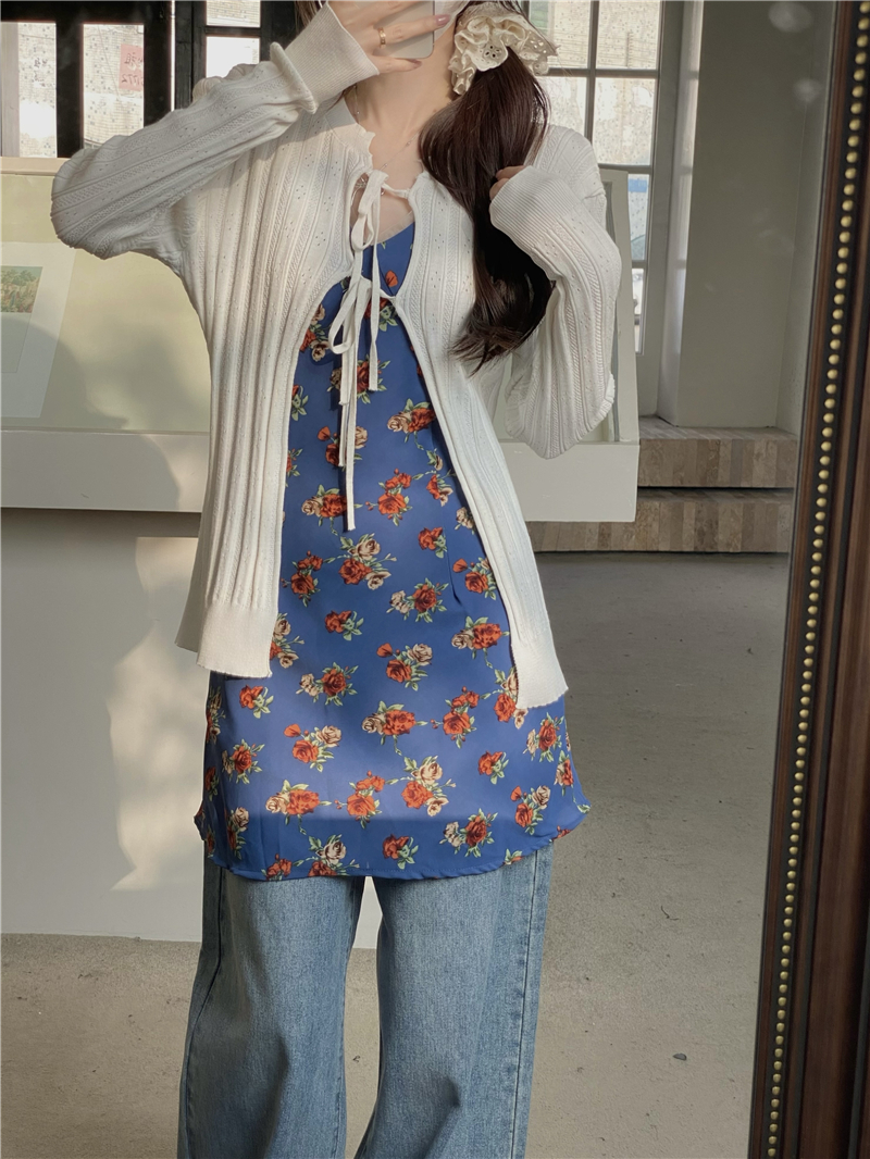 Real shot of holiday style floral skirt V-neck summer waistband slim chic vest skirt long skirt seaside skirt