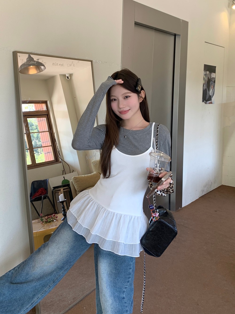 Real shot of moonlight girl ballet style dress top for women spring round neck long sleeve T-shirt two-piece set