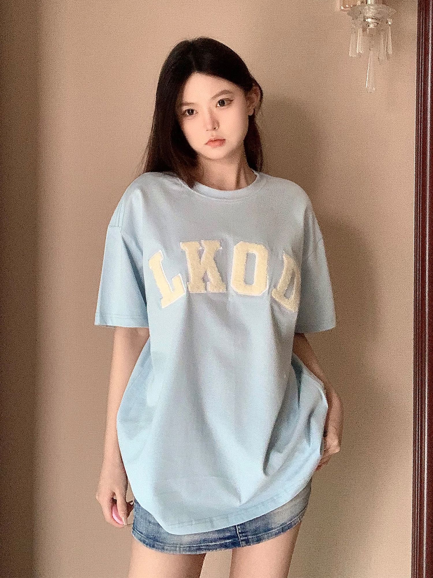 Pure cotton back collar, towel embroidered letter short-sleeved versatile loose T-shirt