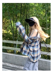 2025美式復古撞色格子防曬襯衫男女長袖休閒寬鬆薄款外套襯衣服