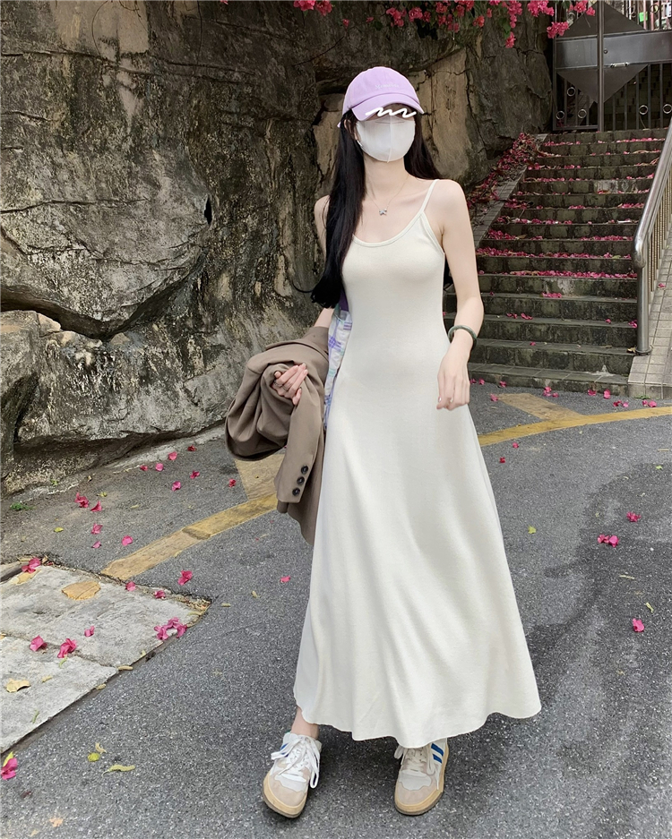 天貓質量溫柔風氣質吊帶裙女夏粉色連衣裙收腰A字長裙打底裙