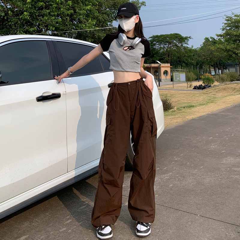 實拍#棕色復古工裝褲女2025春夏新款寬鬆直筒束腳闊腿褲休閒褲潮