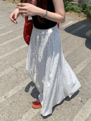 Real shot of the new French gentle style high-level polka dot big skirt hem long skirt